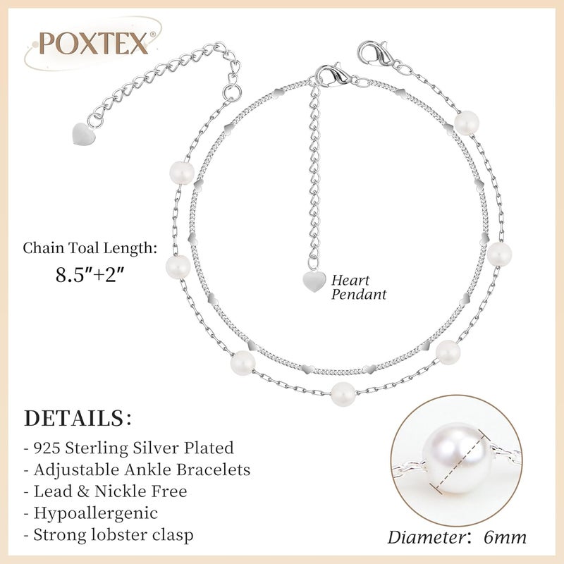 Poxtex Sterling Silver Anklet Bracelets for Women Waterproof, 925 Sliver Plated CZ & Heart Charm Dainty Layer Anklets for Women Trendy, Simple Chain Anklets Set Gifts for Women, Mother Day Jewelry Gifts for Her Women Mom Wife Girlfriend - Image 3